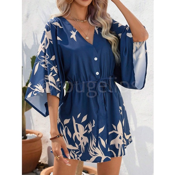 Blue Drawstring Waist Dress Batwing Sleeve, Short - Picture 3 of 5